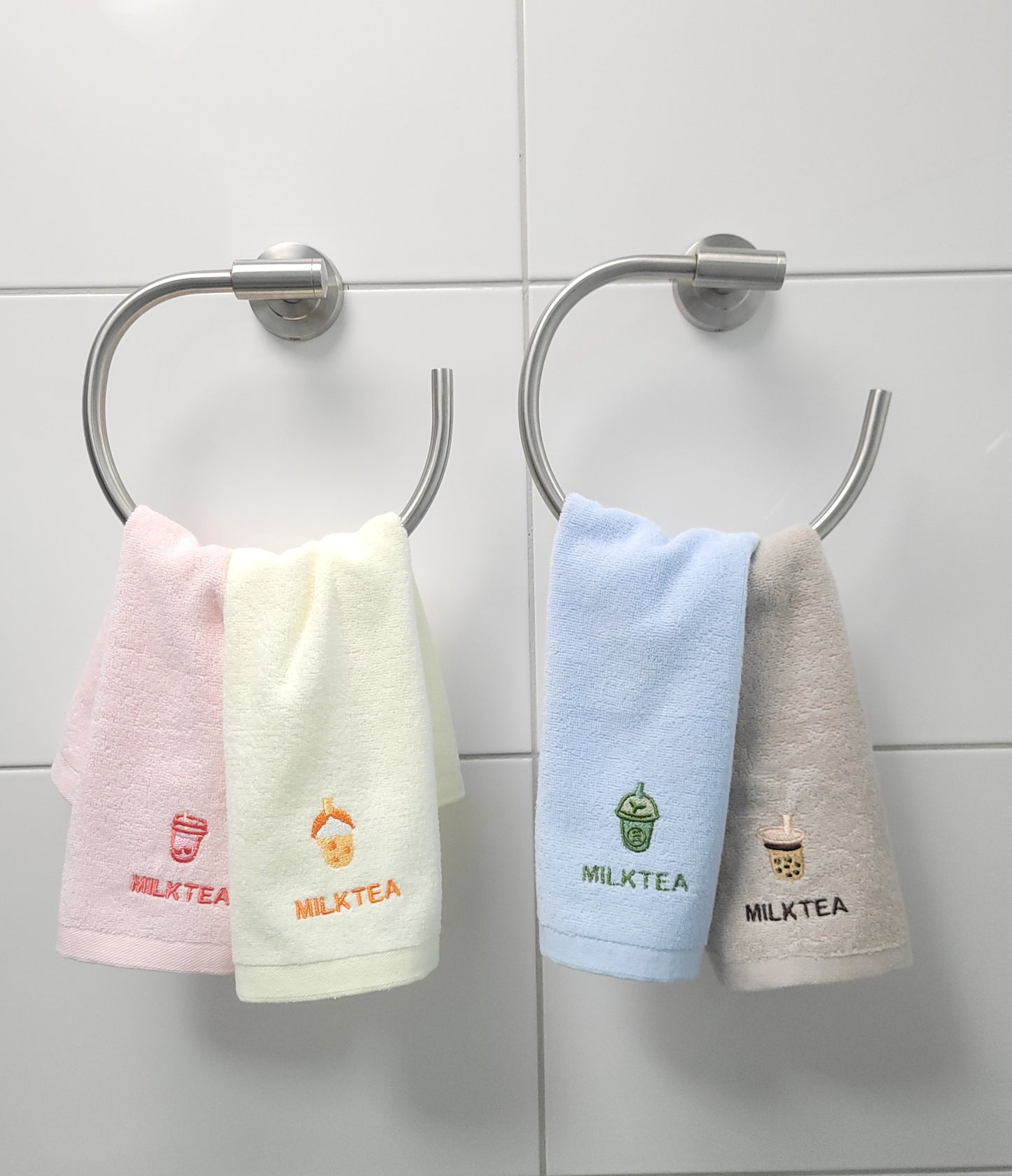 Handtuch 100% Baumwolle in Bubble Tea Muster Pink, Braun, Blau, Gelb Kawaii für Badezimmer,Küche,Schminke,Sport