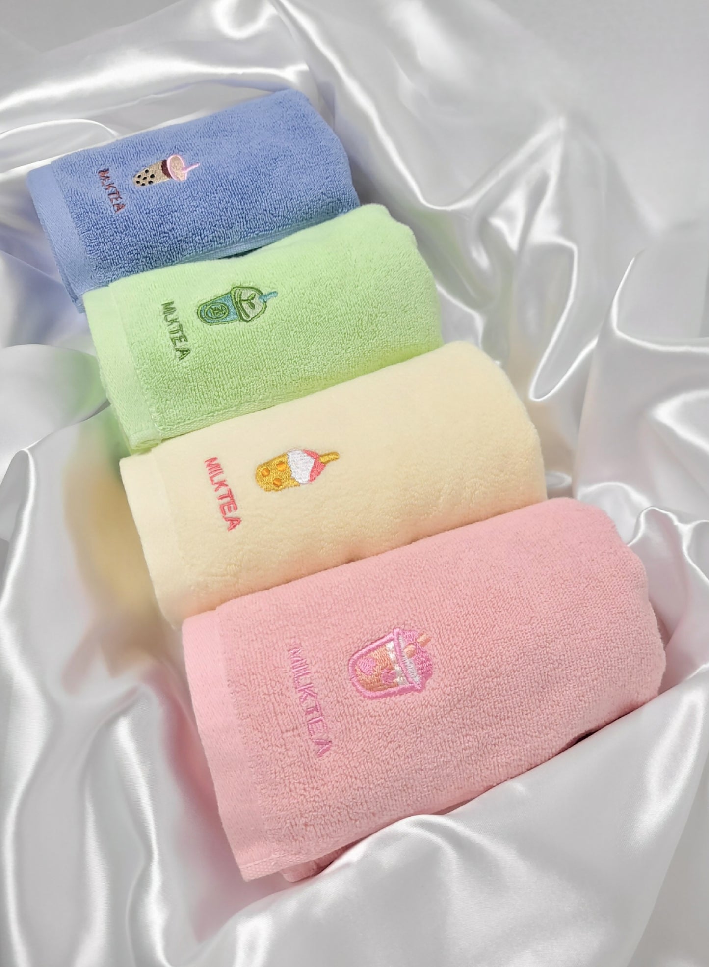 Kleine und Große Handtücher 100% Baumwolle Milk Tea Muster Pink, Blau, Gelb, Grün Kawaii für Badezimmer,Küche,Schminke,Sport