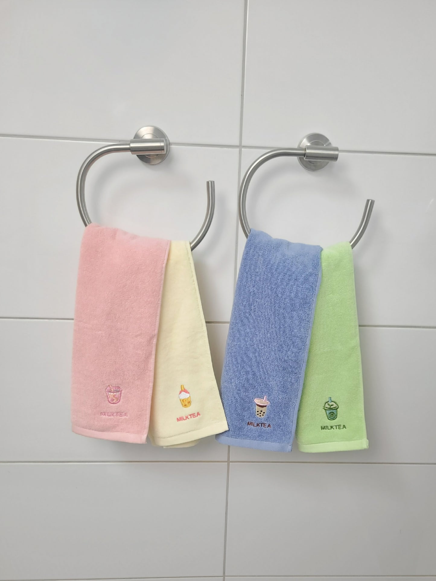 Kleine und Große Handtücher 100% Baumwolle Milk Tea Muster Pink, Blau, Gelb, Grün Kawaii für Badezimmer,Küche,Schminke,Sport