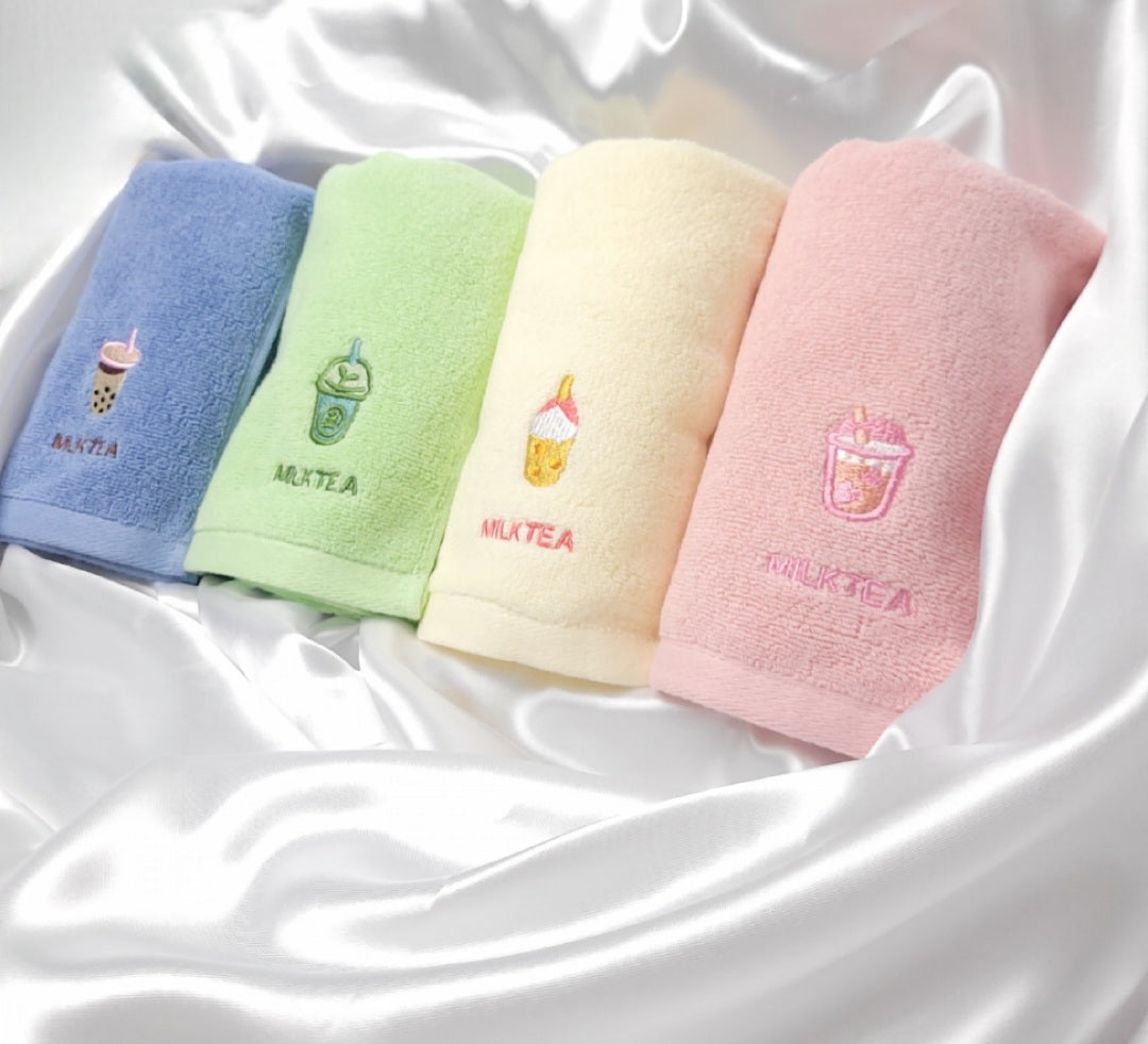 Kleine und Große Handtücher 100% Baumwolle Milk Tea Muster Pink, Blau, Gelb, Grün Kawaii für Badezimmer,Küche,Schminke,Sport