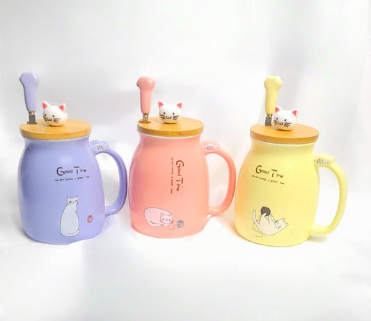 Süße Katzen Keramik Tasse mit Deckel und Löffel ( Pink, Gelb, Lila ) Kaffeetasse "Good Time" 400ml Geschenk für Katzenfreunde