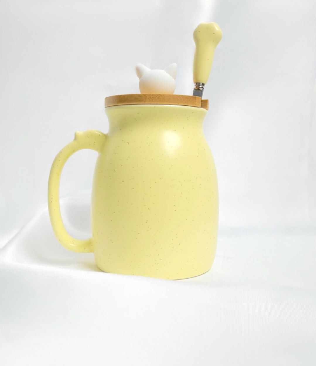 Süße Katzen Keramik Tasse mit Deckel und Löffel ( Pink, Gelb, Lila ) Kaffeetasse "Good Time" 400ml Geschenk für Katzenfreunde