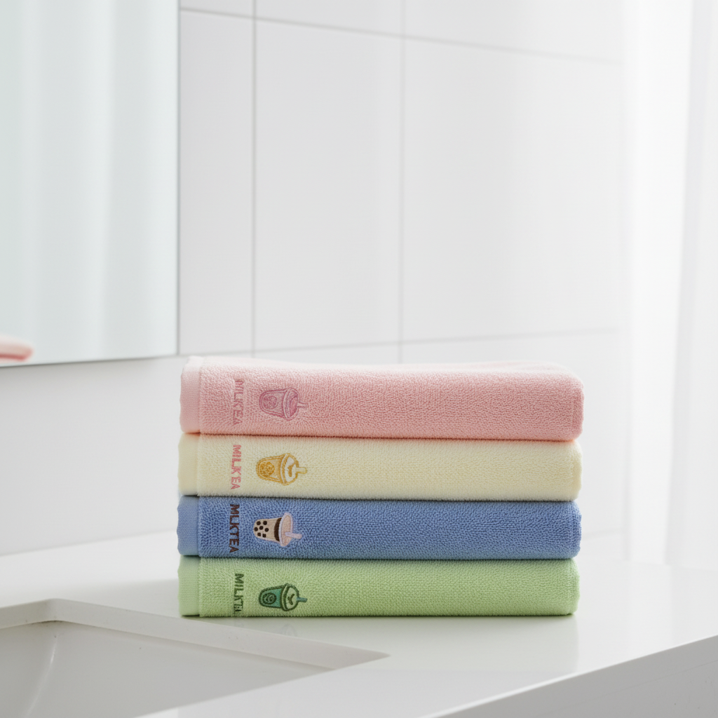 Kleine und Große Handtücher 100% Baumwolle Milk Tea Muster Pink, Blau, Gelb, Grün Kawaii für Badezimmer,Küche,Schminke,Sport