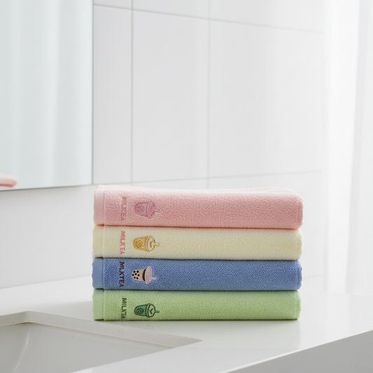 Kleine und Große Handtücher 100% Baumwolle Milk Tea Muster Pink, Blau, Gelb, Grün Kawaii für Badezimmer,Küche,Schminke,Sport