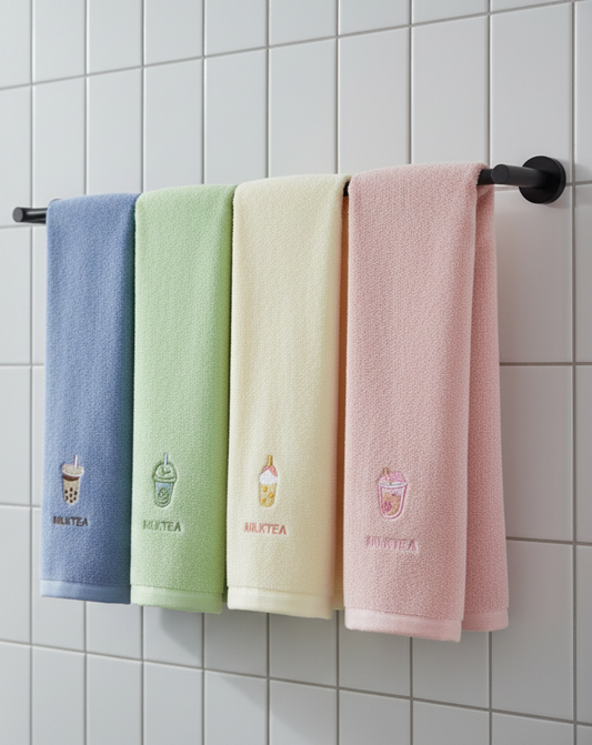Kleine und Große Handtücher 100% Baumwolle Milk Tea Muster Pink, Blau, Gelb, Grün Kawaii für Badezimmer,Küche,Schminke,Sport