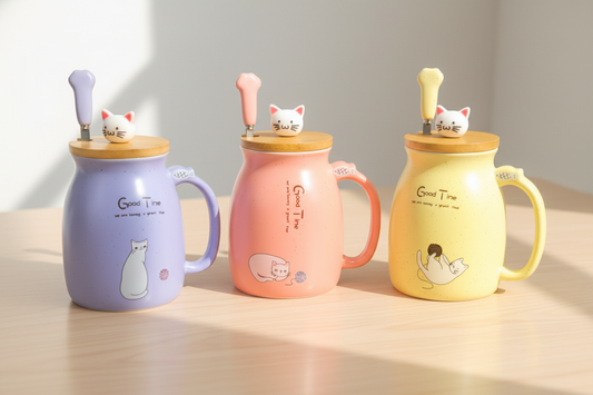 Süße Katzen Keramik Tasse mit Deckel und Löffel ( Pink, Gelb, Lila ) Kaffeetasse "Good Time" 400ml Geschenk für Katzenfreunde