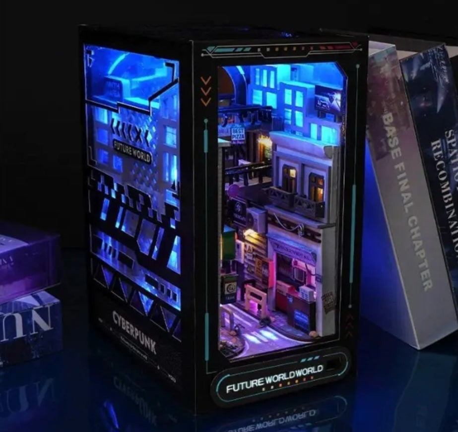 Future World World – DIY Cyberpunk Buchständer mit LED | Leuchtende Buchstütze für Manga/Anime & Bücherregale
