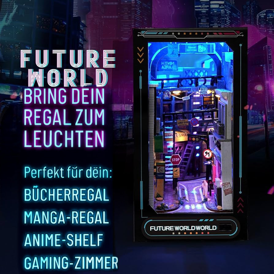 Future World World – DIY Cyberpunk Buchständer mit LED | Leuchtende Buchstütze für Manga/Anime & Bücherregale